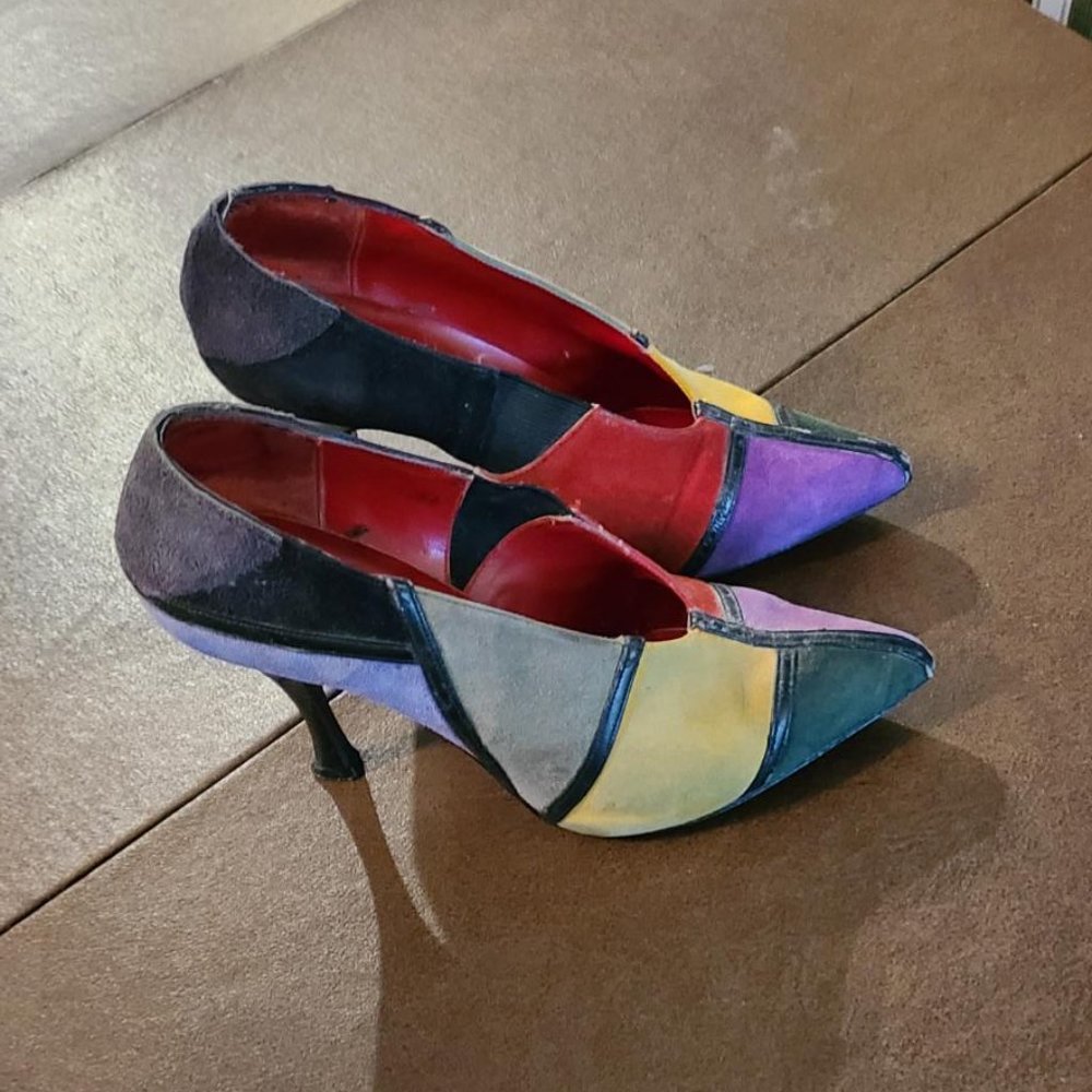 Multi-color suede hi-heels; size 7